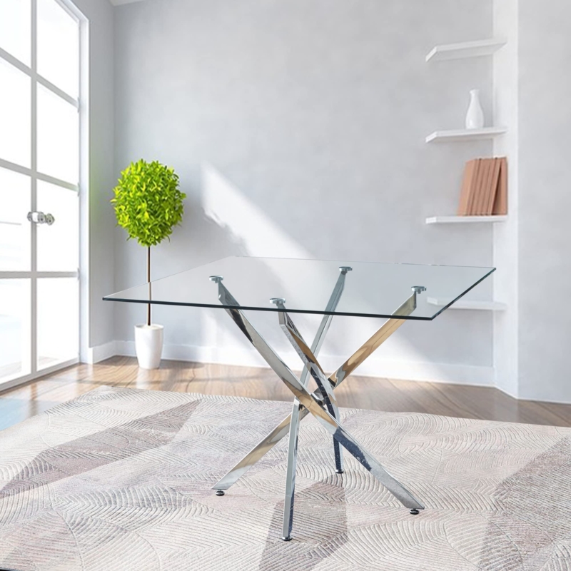Modern Dining Table Square Glass Top Chrome Trestle Base