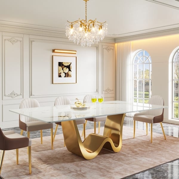 Modern Dining Table with White Sintered Stone Top and Geometric Gold Base