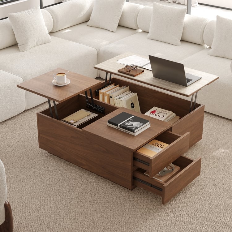 Modern Dual Lift Top Coffee Table, Walnut Finish with Stone-Like Accent