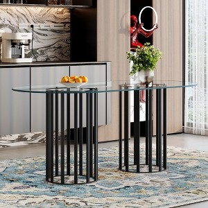 Modern Elliptical Table featuring Black Slatted Metal Column Bases