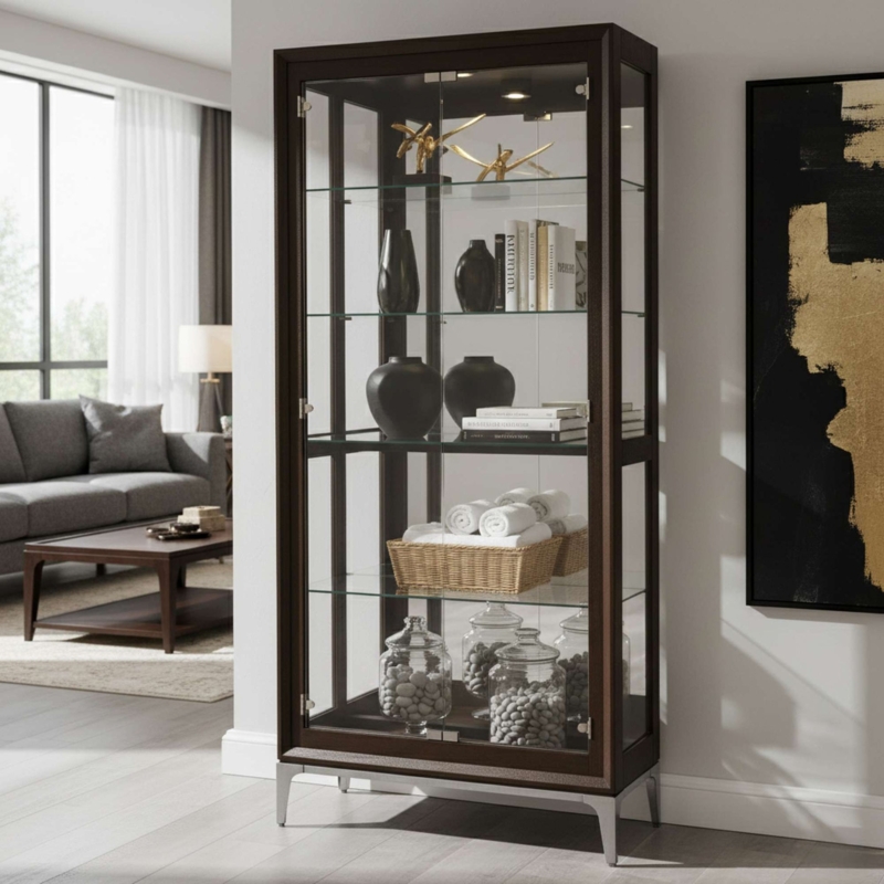 Modern Espresso Curio Cabinet with Silver Tapered Legs