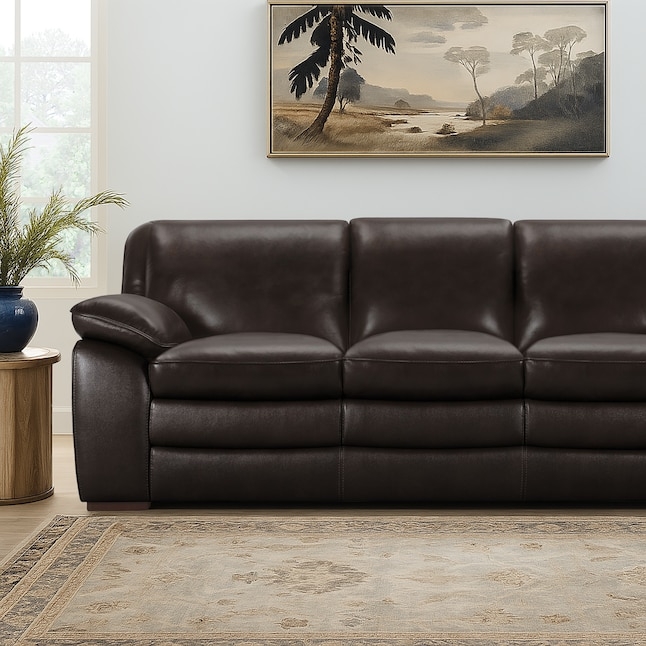 Modern Espresso Leather Sofa with Tapered Legs and Clean Track Arms