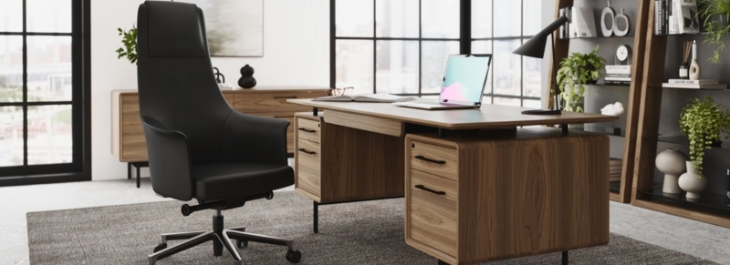 Modern Executive Desk with Integrated Drawer Pedestal, Dark Wood & Charcoal