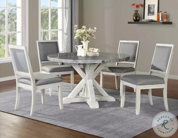 Modern Farmhouse Dining Set Round Marble Look Top Whitewashed Base