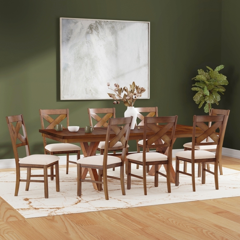 Modern Farmhouse Dining Set Rustic Brown Wood Trestle X-Back Chairs