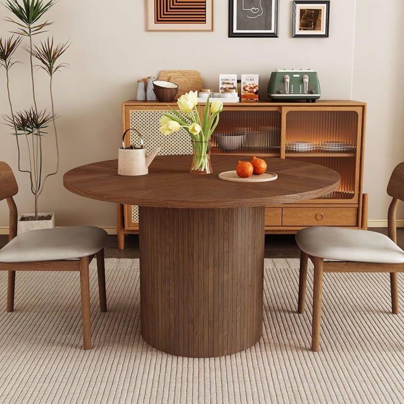 Modern Farmhouse Dining Table, Ribbed Pedestal Base, Starburst Veneer Top