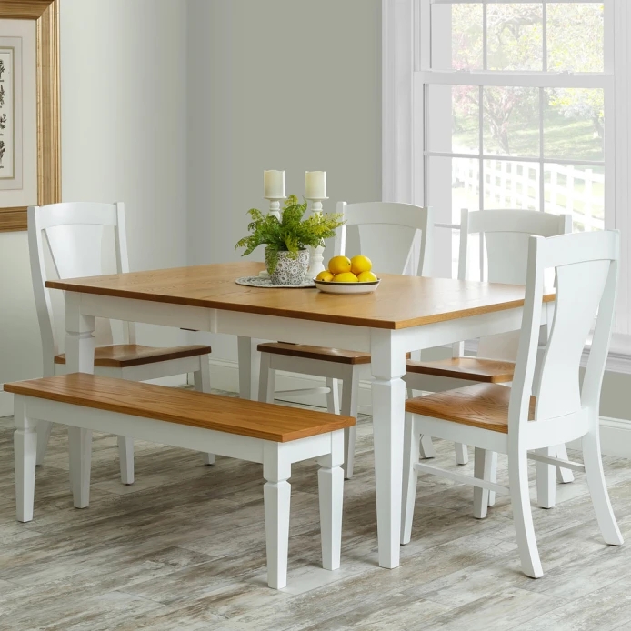 Modern Farmhouse Dining Table Set with Bench White and Wood Tone