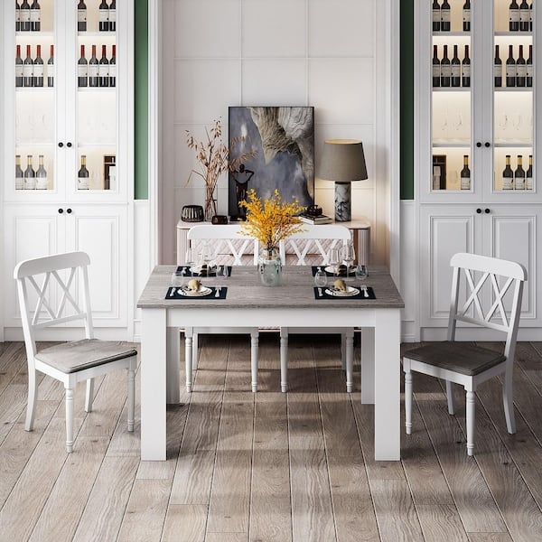 Modern Farmhouse Dining Table with Dark Gray Top and Crossback Chairs