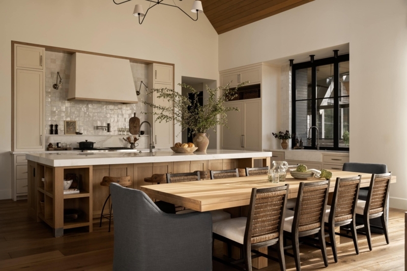 Modern Farmhouse Dining Vaulted Wood Ceiling Woven Back Chairs