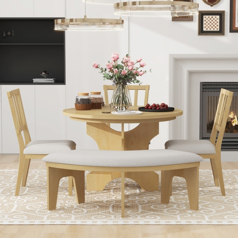 Modern Farmhouse Round Pedestal Dining Set with Curved Bench