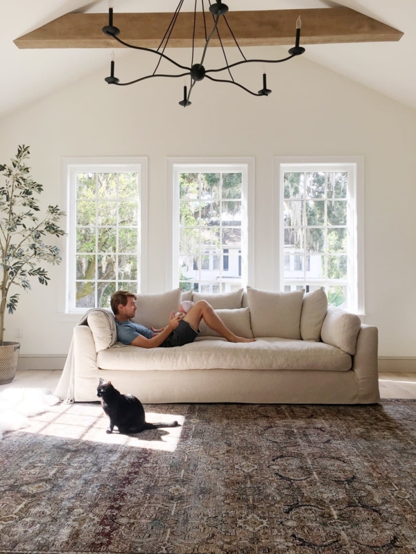 Modern Farmhouse Sofa with Multi-Cushion Back and Cream Slipcover