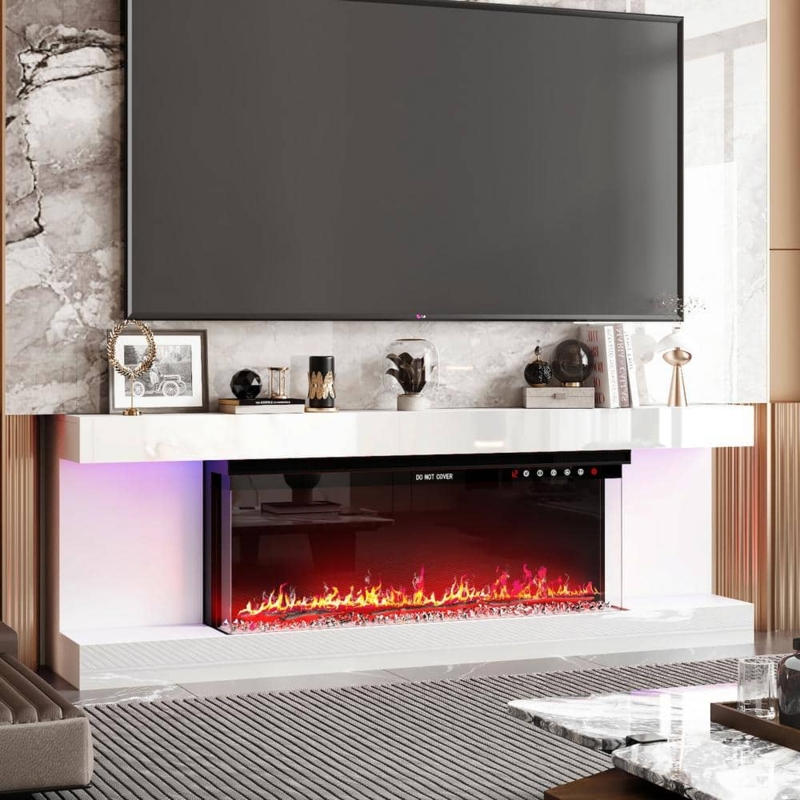 Modern Fireplace TV Stand High-Gloss White with Purple LED Accent
