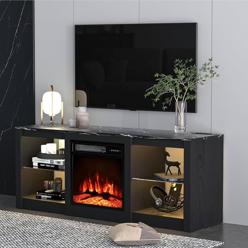 Modern Fireplace TV Stand with Marble Look Top & LED Lights