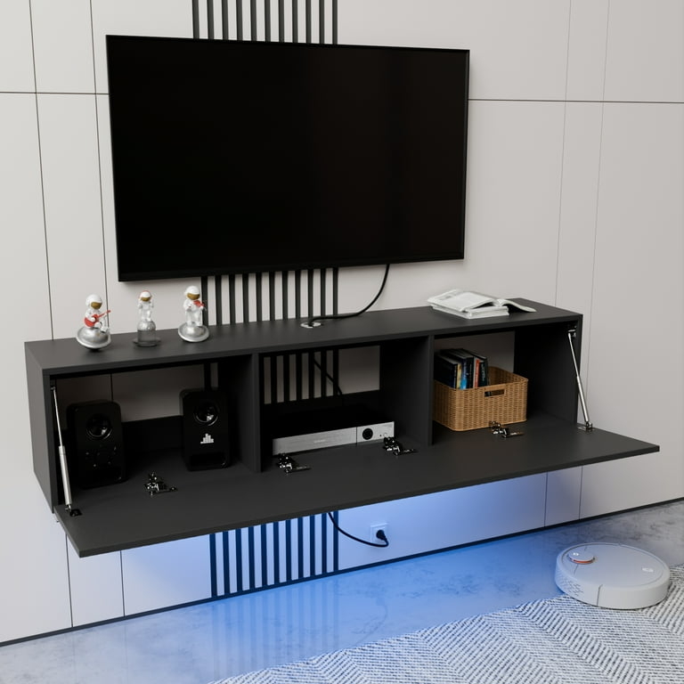 Modern Floating TV Stand Blue LED Accents Flip Down Cabinet
