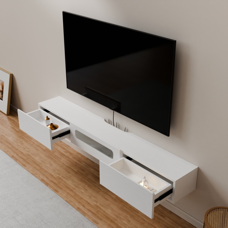Modern Floating TV Stand with Fluted Glass Door & Storage Drawers