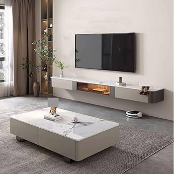 Modern Floating TV Stand with Stone-Like Tabletop and Thin Profile