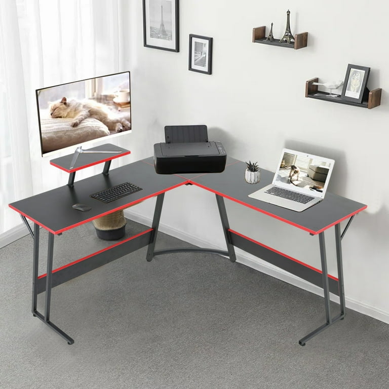 Modern Gamer L-Shaped Desk with Red Trim and Monitor Riser
