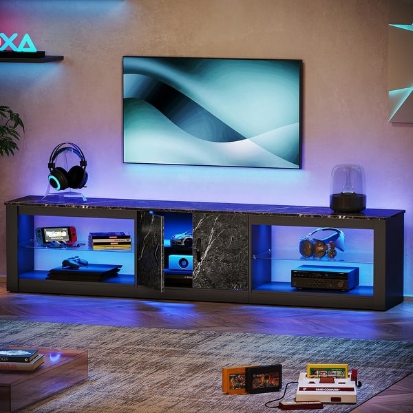 Modern Gaming TV Stand with Marble Pattern Doors and Blue LED Lighting