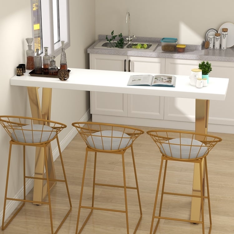 Modern Glam Bar Table: White Top, Gold X-Base, Wireframe Stools