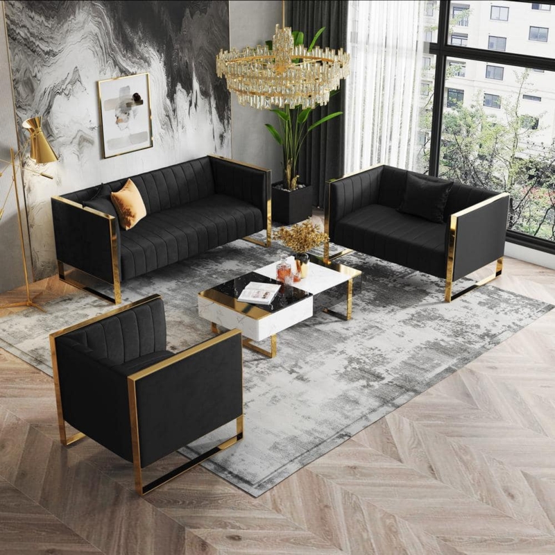 Modern Glam Black Velvet Living Room Set with Gold Metal Frames