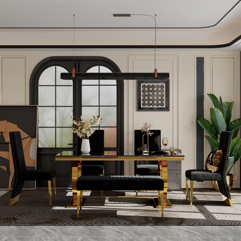 Modern Glam Dining Set Black Velvet Chairs with Gold Trestle Base