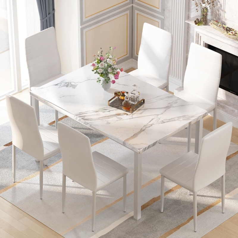 Modern Glam Dining Set Marble Patterned Top White High Back Chairs