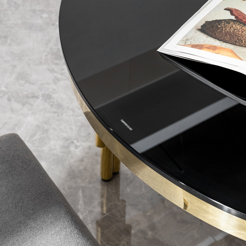 Modern Glam Dining Table Black Glass, Gold Arched Pedestal