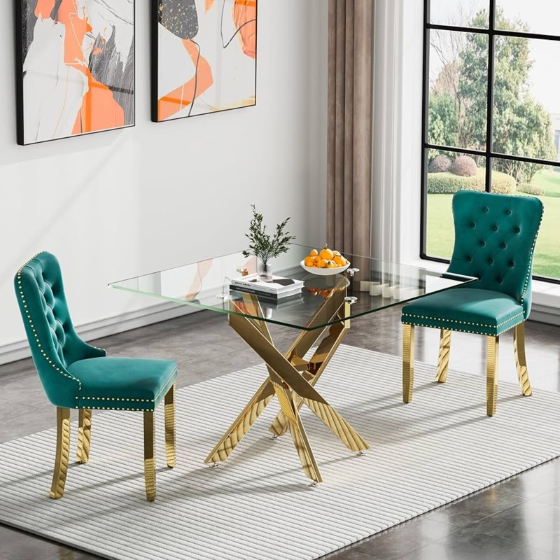 Modern Glam Dining Table Square Glass Top Geometric Gold Base