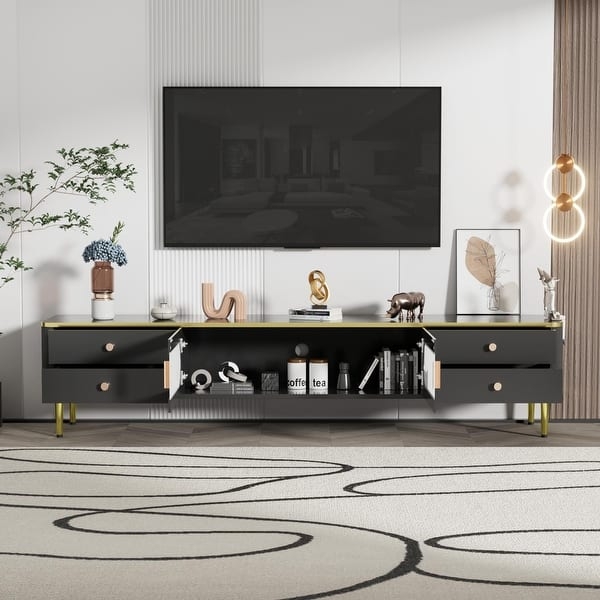 Modern Glam Media Console with Matte Black Finish and Gold Trim