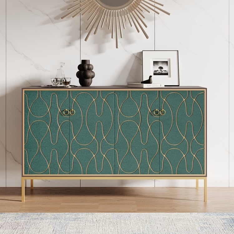 Modern Glam Sideboard Carved Details Lake Blue Finish Gold Base