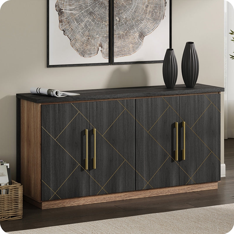 Modern Glam Sideboard in Charcoal Wood Grain with Gold Geometric Trim