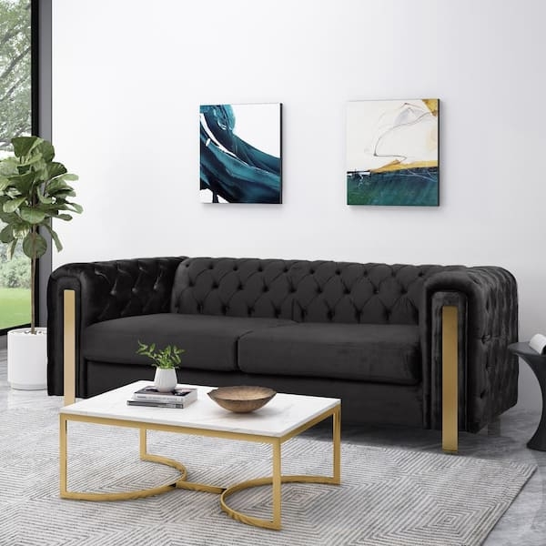 Modern Glam Sofa Black Velvet Deep Diamond Tufting Gold Bracket Legs
