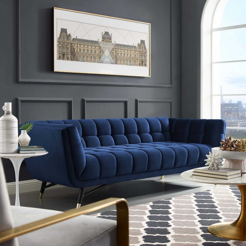 Modern Glam Sofa Midnight Blue Velvet Grid Tufted Design Gold Legs
