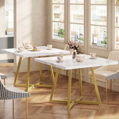 Modern Glam Square Dining Table with Gold Geometric Base