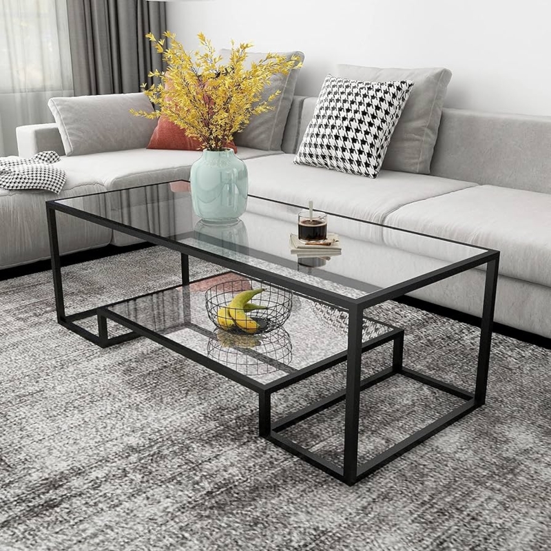 Modern Glass Coffee Table with Black Metal Frame and Offset Shelf