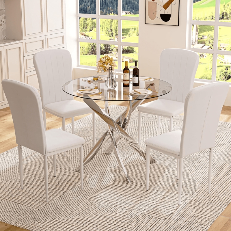 Modern Glass Dining Set, Polished Chrome Base with Ribbed White Chairs