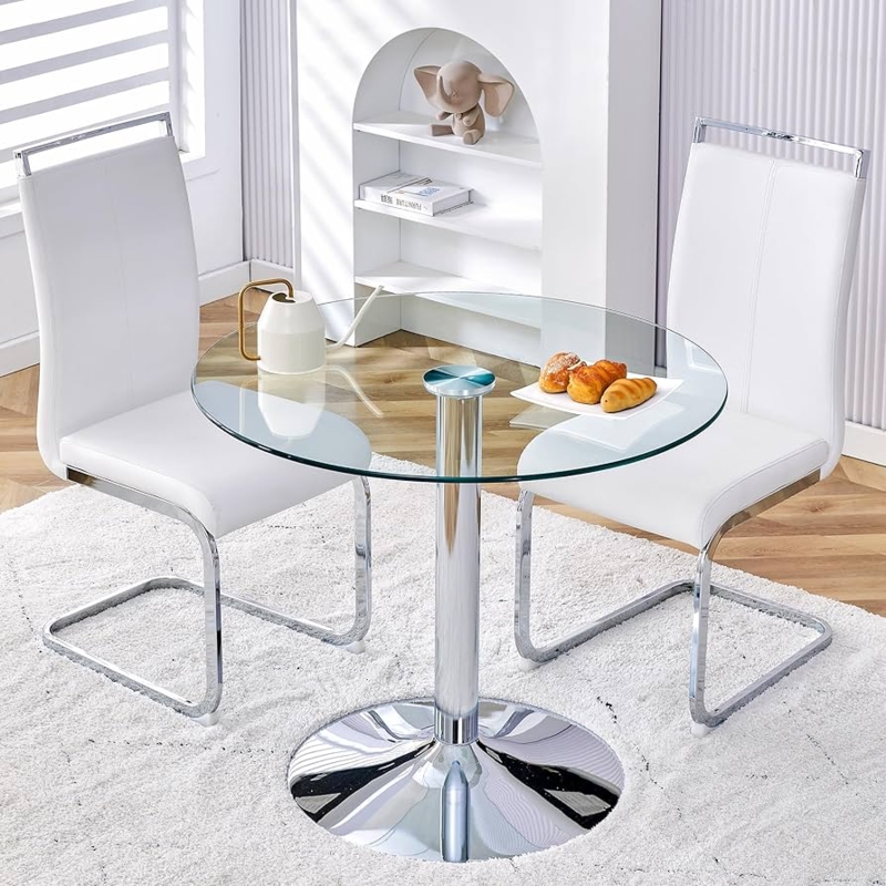Modern Glass Dining Set with Chrome Cantilever Chairs for Small Spaces.