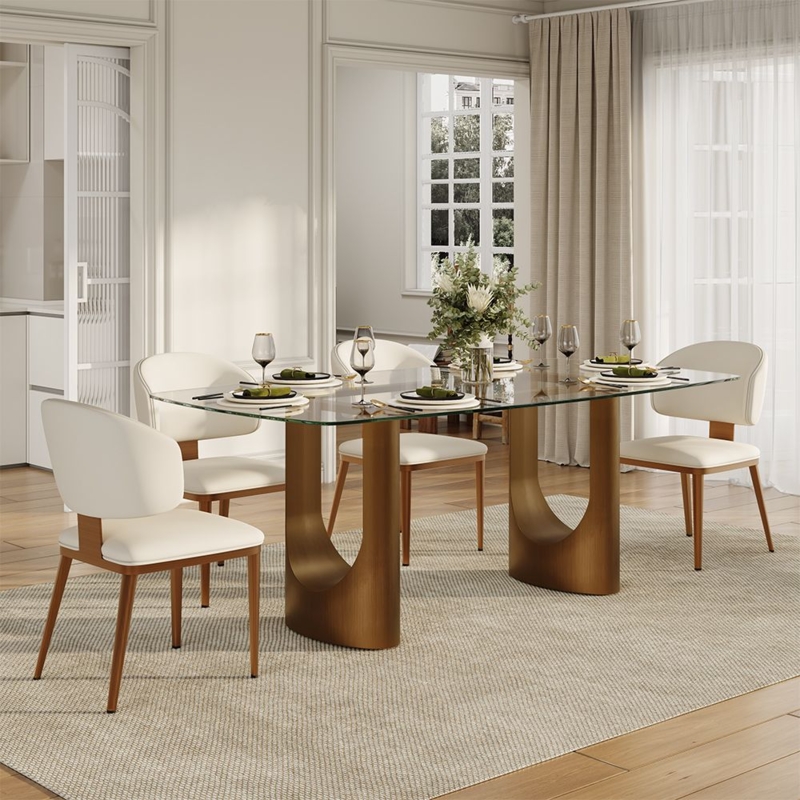 Modern Glass Dining Table Set with Gold U-Shaped Pedestal Base