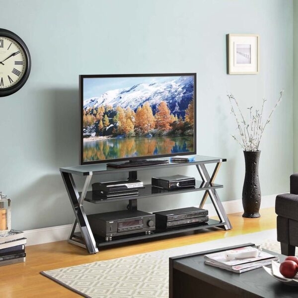 Modern Glass TV Stand with Silver X-Frame Metal Legs
