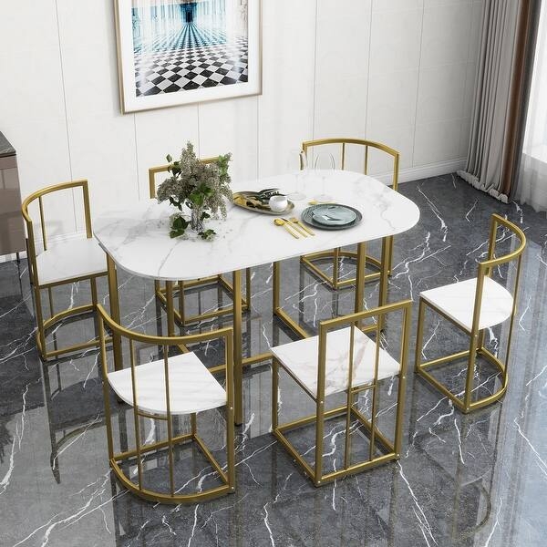 Modern Gold Geometric Frame Dining Set with Oval Marble Pattern Table