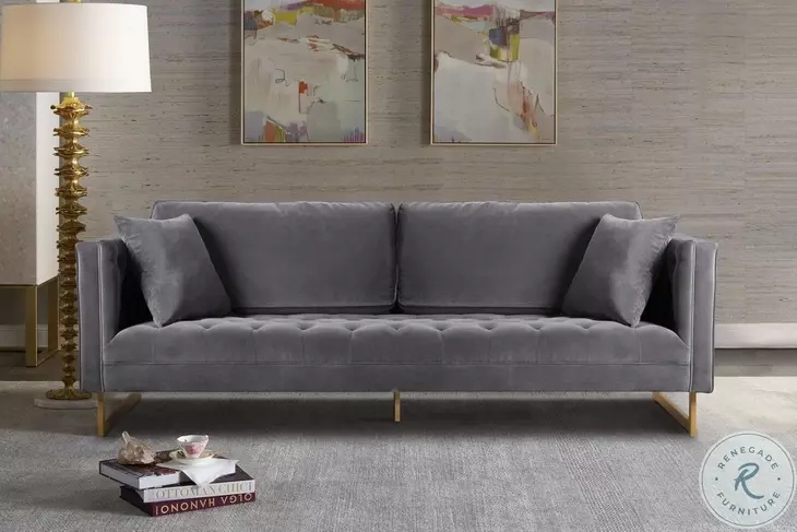 Modern Grey Velvet Tuxedo Sofa with Gold Metal Legs
