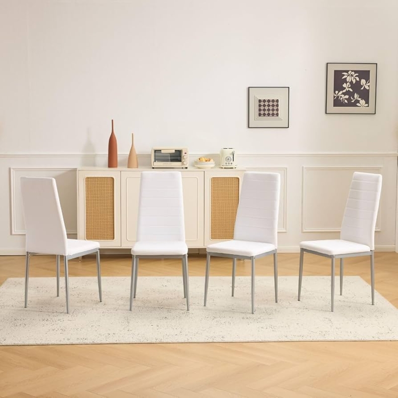 Modern High Back Dining Chairs Ribbed Upholstery Slim Metal Legs