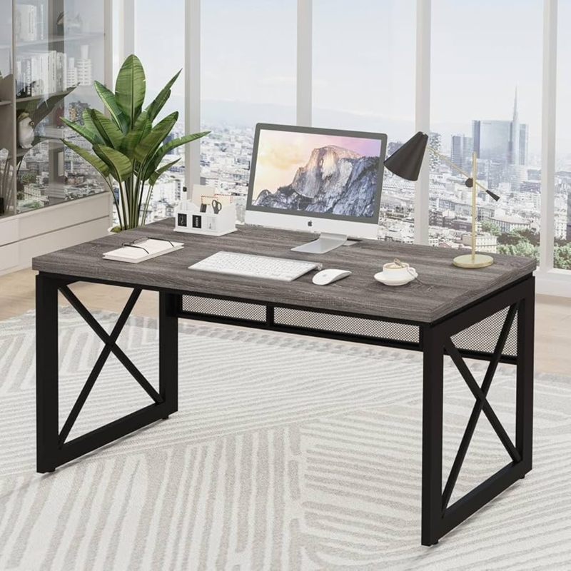 Modern Industrial Computer Desk with Metal X-Frame Base and Mesh Panel