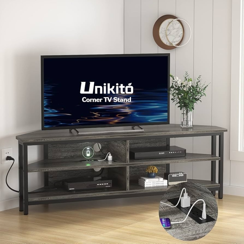 Modern Industrial Corner Entertainment Center with USB Ports