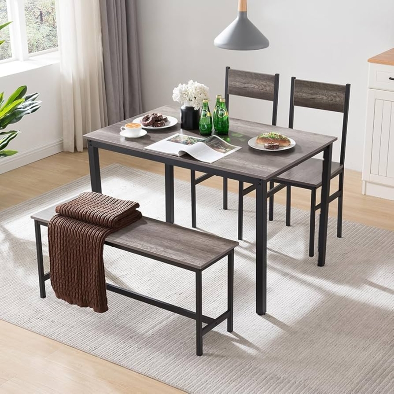 Modern Industrial Dining Table Set Grey Wood Finish Bench Seating