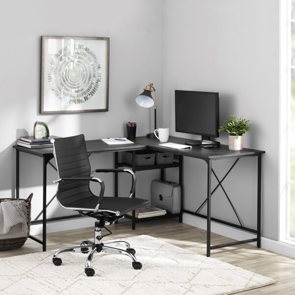 Modern Industrial L-Shaped Corner Desk with Open Metal Shelving
