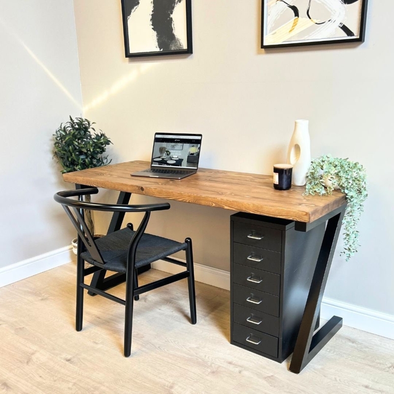 Modern Industrial Office Desk featuring Z-Frame Legs and Thick Wood Top