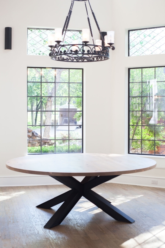 Modern Industrial Round Dining Table with Black Metal X-Base