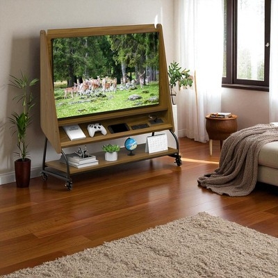 Modern Industrial TV Stand with Integrated Screen and Mobile Frame.