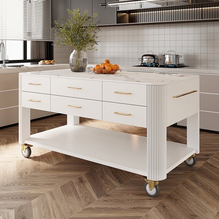 Modern Kitchen Island Gold Hardware Glass Front Cabinet White Mobile